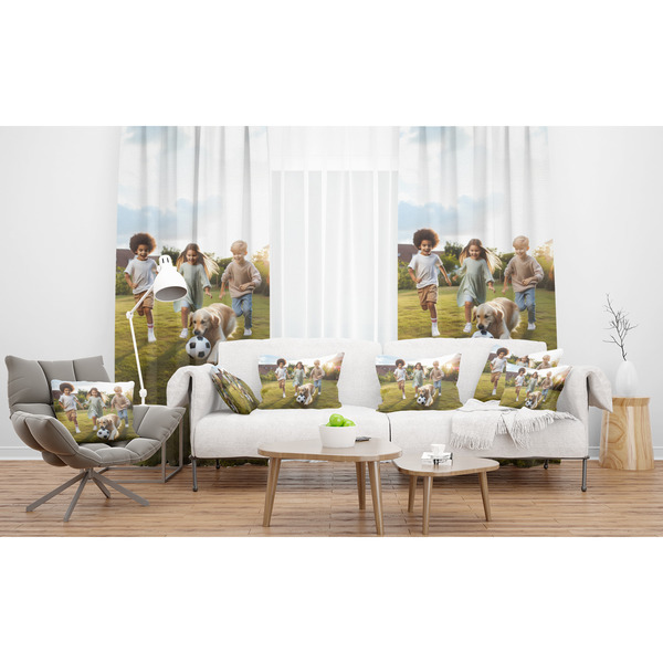 Photo Sheer and Custom Curtains in Room with Matching Pillows