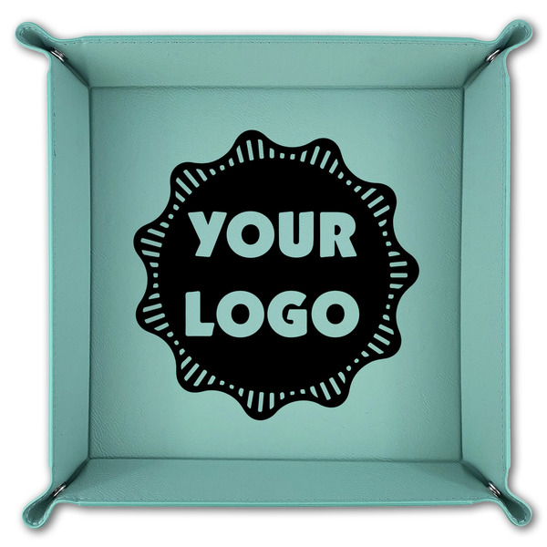 Logo 9" x 9" Teal Leatherette Snap Up Tray - FOLDED