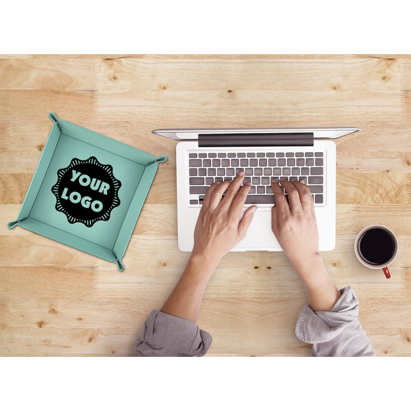 Logo 9" x 9" Teal Leatherette Snap Up Tray - LIFESTYLE