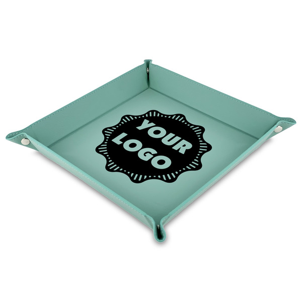 Custom Logo Faux Leather Valet Tray - 9" x 9"  - Teal