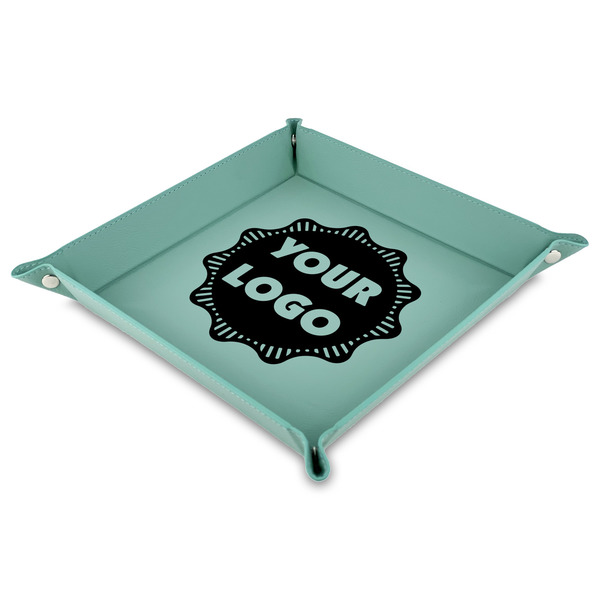 Custom Logo Faux Leather Dice Tray - 9" x 9"  - Teal