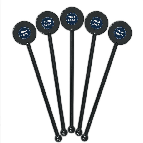 Logo Black Plastic 5.5" Stir Stick - Round - Fan View