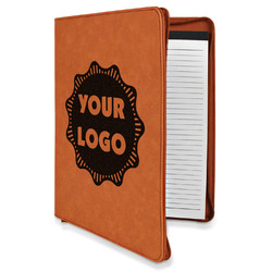 Logo Leatherette Zipper Portfolio with Notepad - Single-Sided