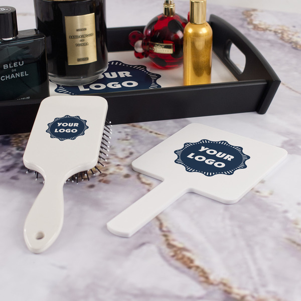 Logo Hair Brush and Hand Mirror - Bathroom Scene