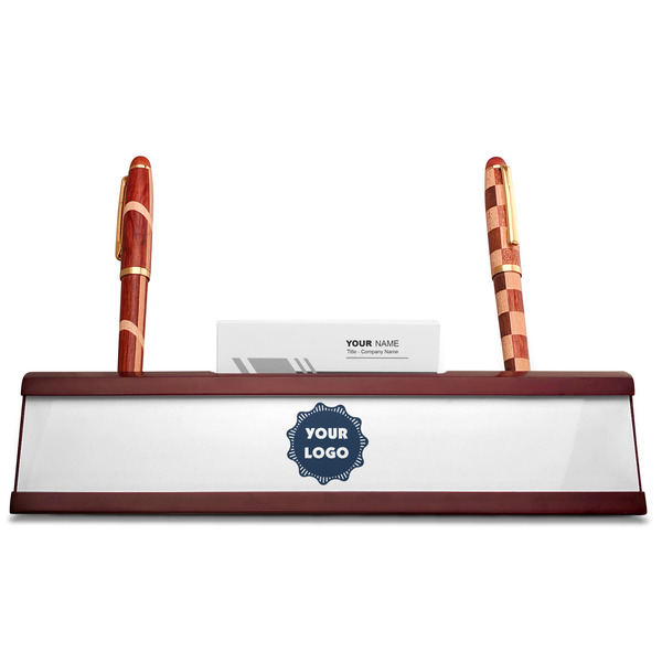 Logo Red Mahogany Nameplates with Business Card Holder - Straight