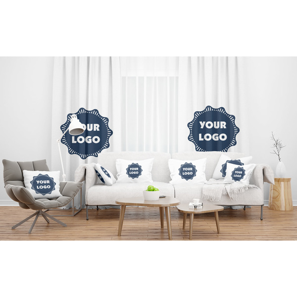 Logo Sheer and Custom Curtains in Room with Matching Pillows