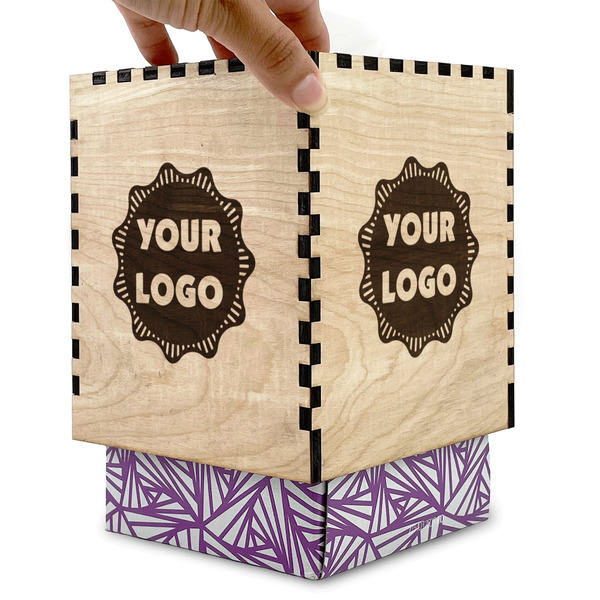 Logo Square Tissue Box Covers - Wood - with box