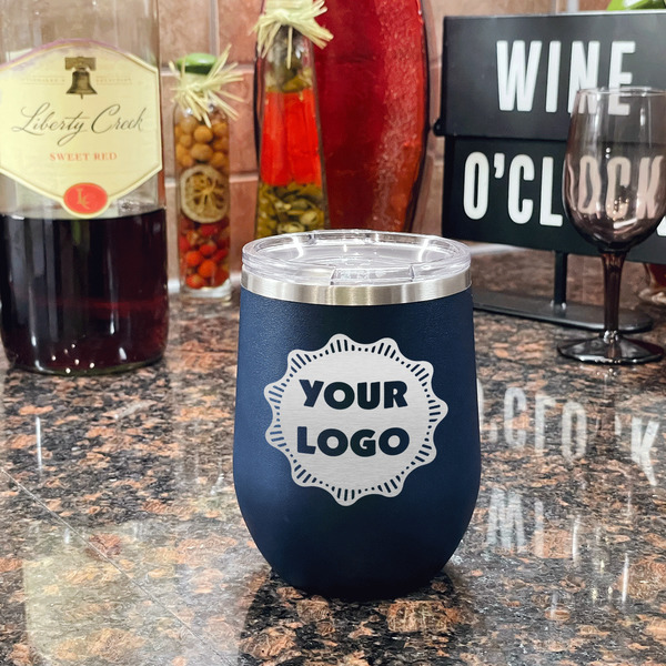 Logo Stainless Wine Tumblers - Navy - Single Sided - In Context