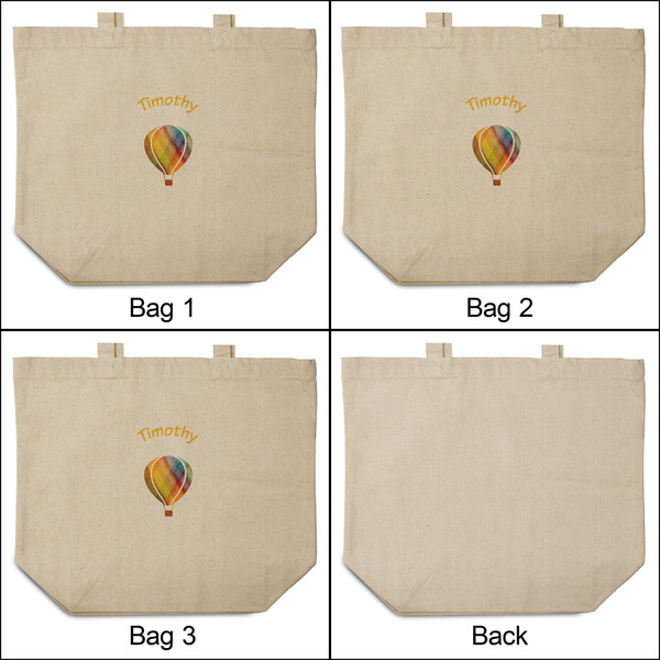 Watercolor Hot Air Balloons 3 Reusable Cotton Grocery Bags - Front & Back View