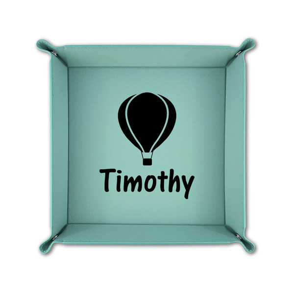 Watercolor Hot Air Balloons 6" x 6" Teal Leatherette Snap Up Tray - FOLDED UP