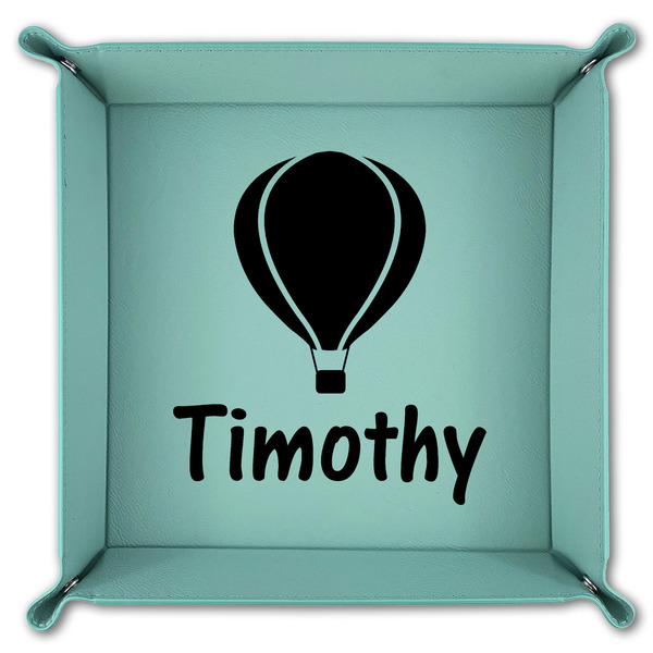 Watercolor Hot Air Balloons 9" x 9" Teal Leatherette Snap Up Tray - FOLDED