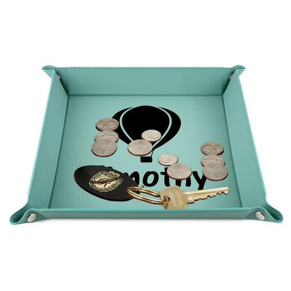 Watercolor Hot Air Balloons 9" x 9" Teal Leatherette Snap Up Tray - STYLED