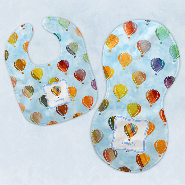 Custom Watercolor Hot Air Balloons Baby Bib & Burp Set w/ Name or Text