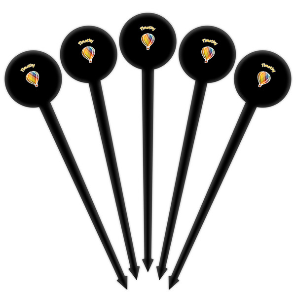 Watercolor Hot Air Balloons Black Plastic 4" Food Pick - Round - Fan View