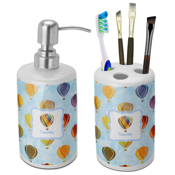 Custom Watercolor Hot Air Balloons Ceramic Bathroom Accessories Set (Personalized)