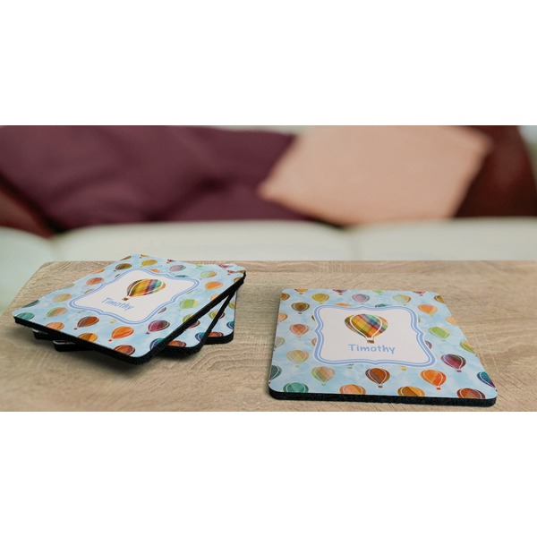 Watercolor Hot Air Balloons Coaster Rubber Back - On Coffee Table