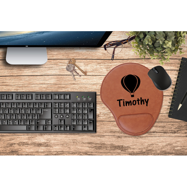 Watercolor Hot Air Balloons Cognac Leatherette Mousepad with Wrist Support - Lifestyle Image
