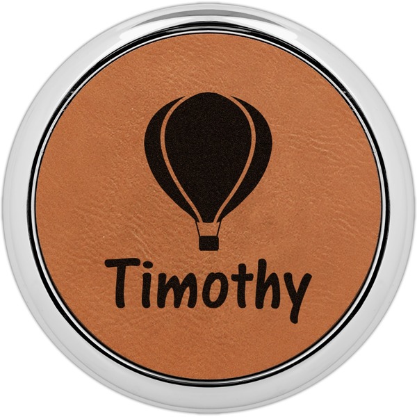 Custom Watercolor Hot Air Balloons Set of 4 Leatherette Round Coasters w/ Silver Edge (Personalized)
