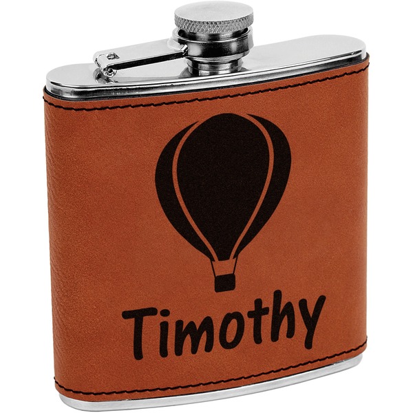 Custom Watercolor Hot Air Balloons Leatherette Wrapped Stainless Steel Flask (Personalized)