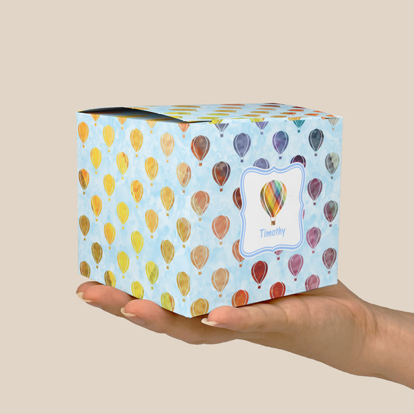 Watercolor Hot Air Balloons Cube Favor Gift Box - On Hand - Scale View
