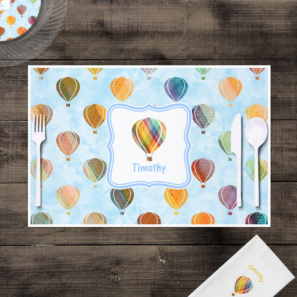 Watercolor Hot Air Balloons Disposable Paper Placemat - In Context