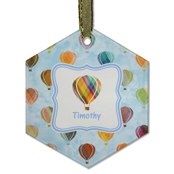 Custom Watercolor Hot Air Balloons Flat Glass Ornament - Hexagon w/ Name or Text