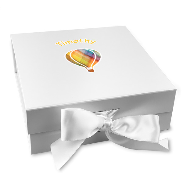 Custom Watercolor Hot Air Balloons Gift Box with Magnetic Lid - White (Personalized)
