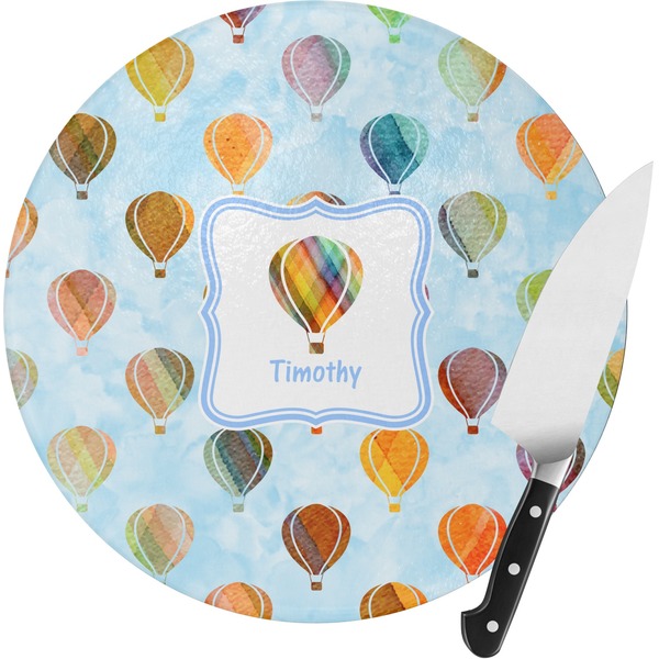 Custom Watercolor Hot Air Balloons Round Glass Cutting Board - Medium (Personalized)