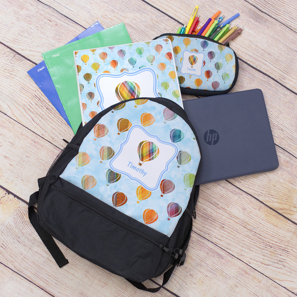 Watercolor Hot Air Balloons Large Backpack - Black - With Stuff