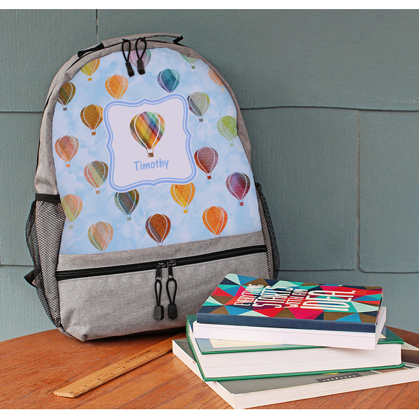 Watercolor Hot Air Balloons Large Backpack - Gray - On Desk