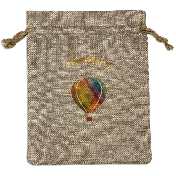 Custom Watercolor Hot Air Balloons Medium Burlap Gift Bag - Front (Personalized)