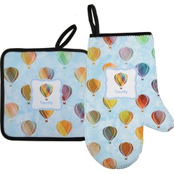 Watercolor Hot Air Balloons Oven Mitt & Pot Holder Set w/ Name or Text
