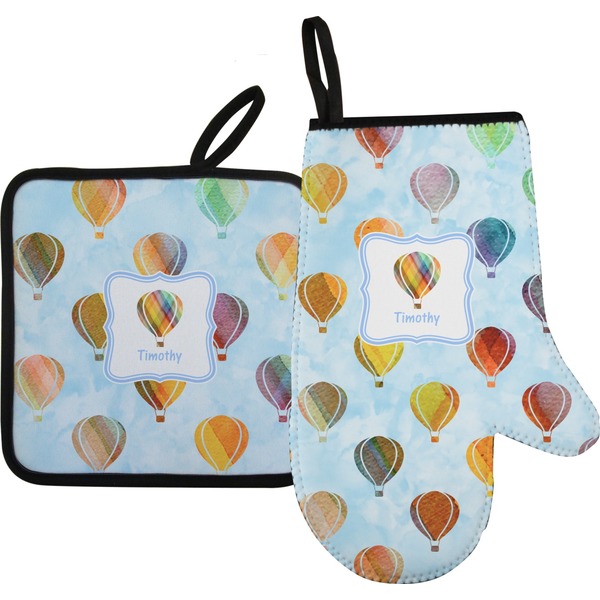 Custom Watercolor Hot Air Balloons Right Oven Mitt & Pot Holder Set w/ Name or Text