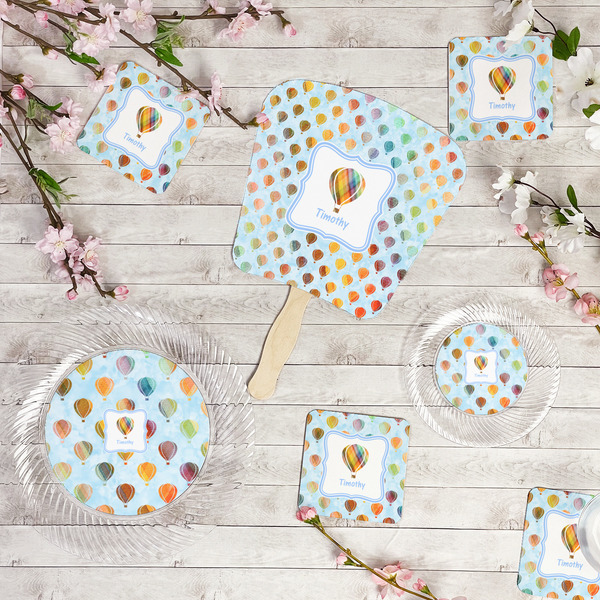 Watercolor Hot Air Balloons Party Supplies Combination Image - All items - Plates, Coasters, Fans