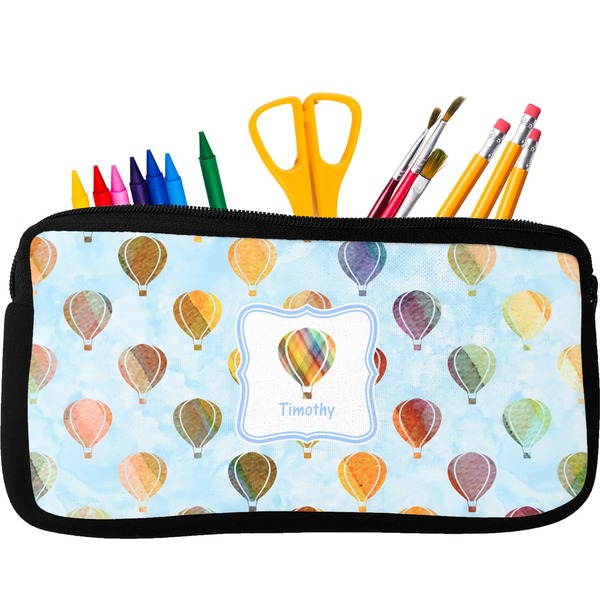 Custom Watercolor Hot Air Balloons Neoprene Pencil Case - Small w/ Name or Text