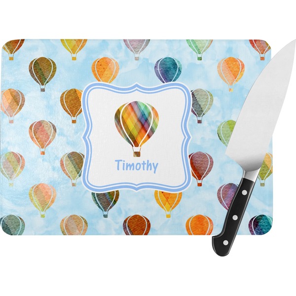 Custom Watercolor Hot Air Balloons Rectangular Glass Cutting Board - Large - 15.25"x11.25" w/ Name or Text