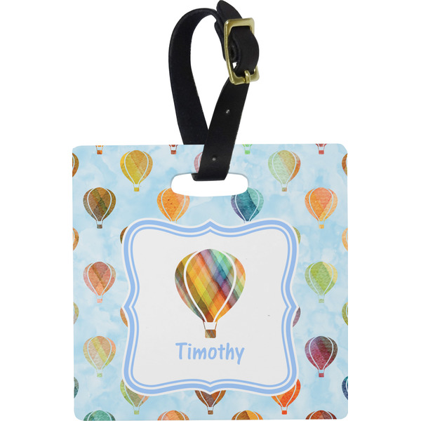 Custom Watercolor Hot Air Balloons Plastic Luggage Tag - Square w/ Name or Text