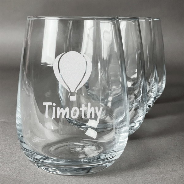 Custom Watercolor Hot Air Balloons Stemless Wine Glasses (Set of 4) (Personalized)