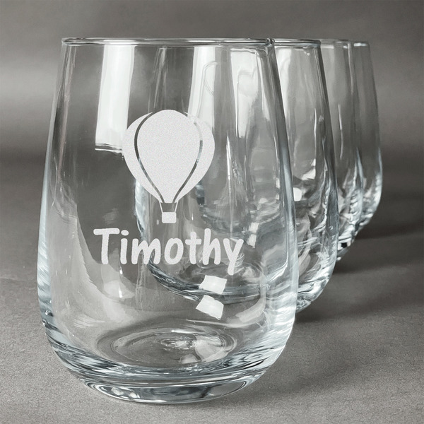 Custom Watercolor Hot Air Balloons Stemless Wine Glasses (Set of 4) (Personalized)