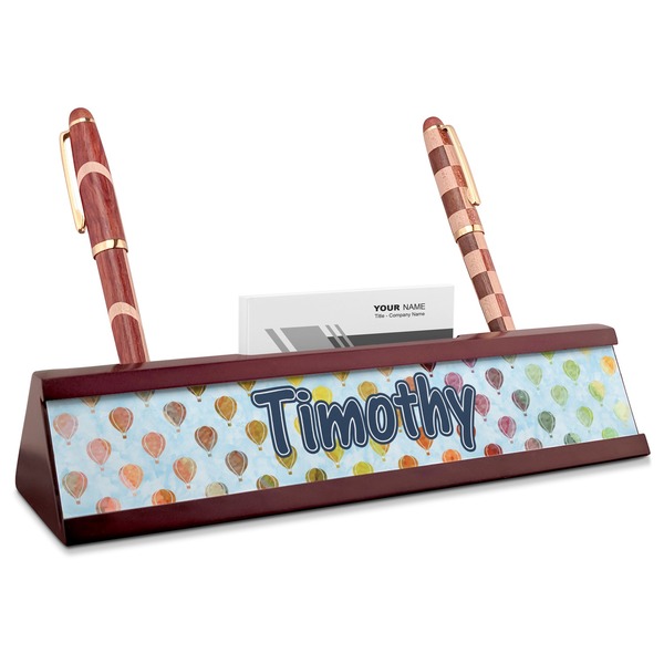 Custom Watercolor Hot Air Balloons Red Mahogany Nameplate with Business Card Holder (Personalized)