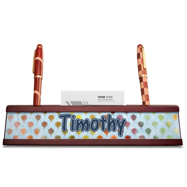 Watercolor Hot Air Balloons Red Mahogany Nameplates with Business Card Holder - Straight