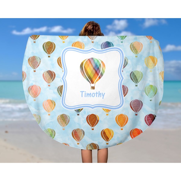 Watercolor Hot Air Balloons Round Beach Towel - In Use