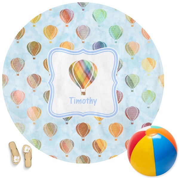 Custom Watercolor Hot Air Balloons Round Beach Towel (Personalized)