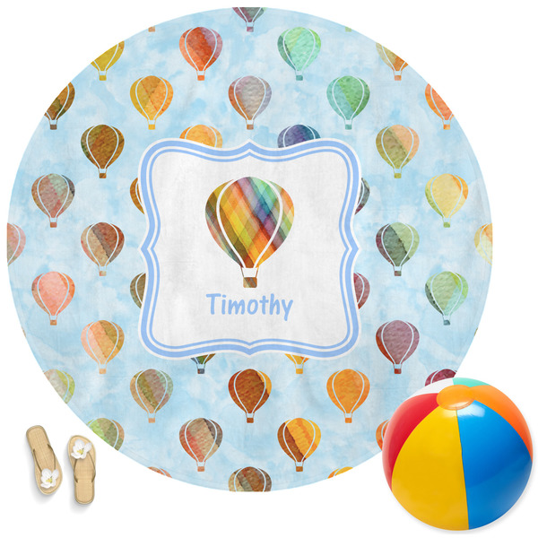 Custom Watercolor Hot Air Balloons Round Beach Towel (Personalized)