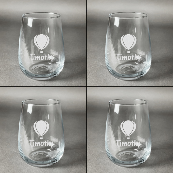Watercolor Hot Air Balloons Set of Four Personalized Stemless Wineglasses (Approval)