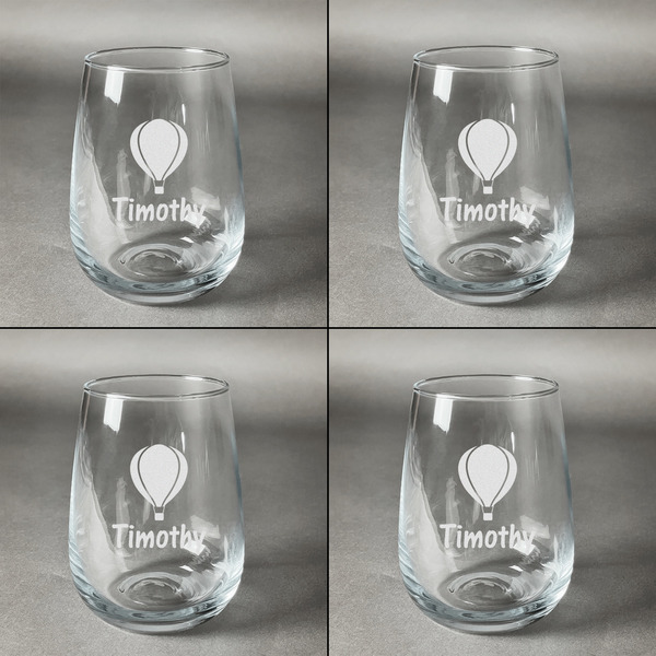 Watercolor Hot Air Balloons Set of Four Personalized Stemless Wineglasses (Approval)