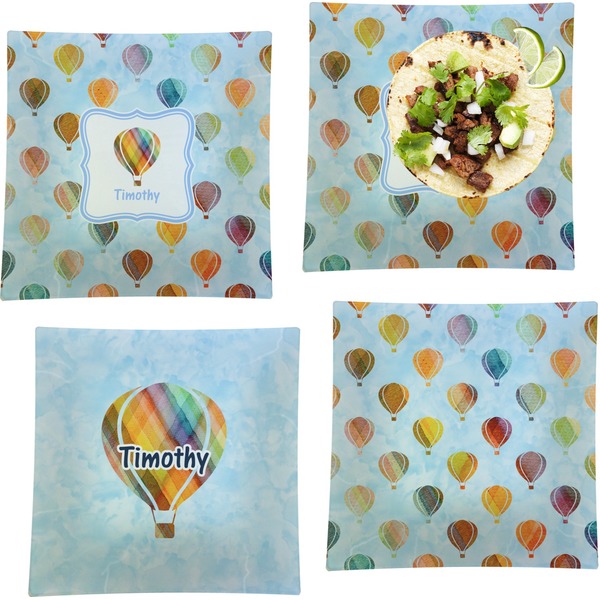 Custom Watercolor Hot Air Balloons Set of 4 Glass Square Lunch / Dinner Plate 9.5" (Personalized)