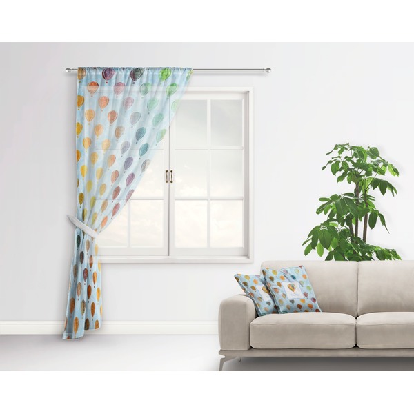 Watercolor Hot Air Balloons Sheer Curtain With Window and Rod - in Room Matching Pillow