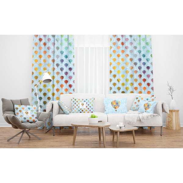 Watercolor Hot Air Balloons Sheer and Custom Curtains in Room with Matching Pillows