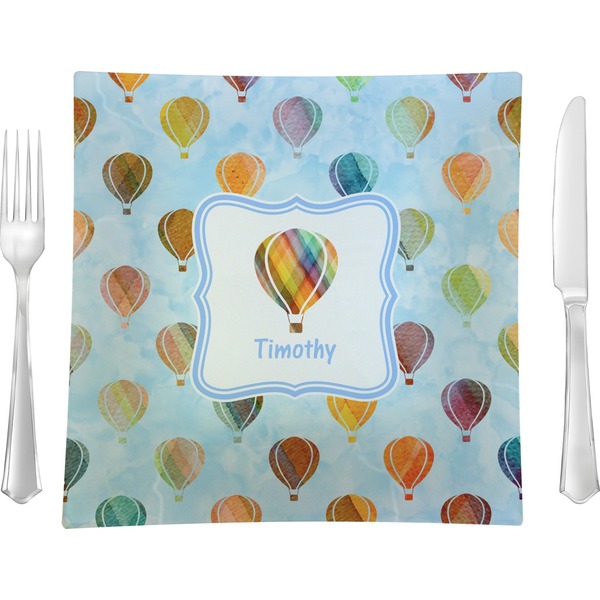 Custom Watercolor Hot Air Balloons 9.5" Glass Square Lunch / Dinner Plate- Single or Set of 4 (Personalized)